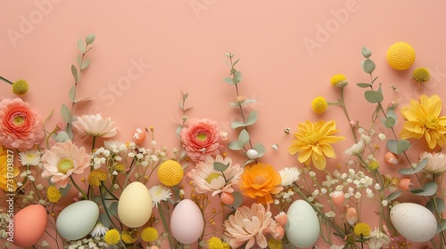 Easter eggs of various colors are displayed on a multicolored background with flowers. There is space available for text. Processed by human hands. Generated by AI