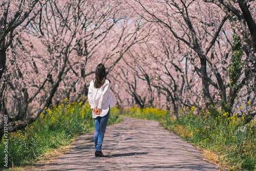 桜を見上げる女性（岐阜県大垣市曽根町 大島堤) © Nostalgico