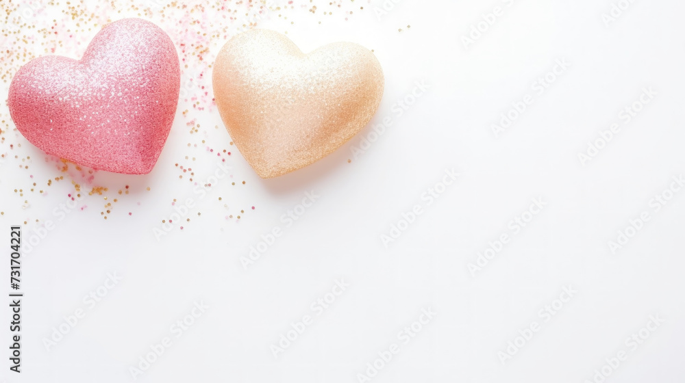 Obraz premium Aesthetic pink and gold hearts on light background. Minimalist love concept. Copy space. Generative AI