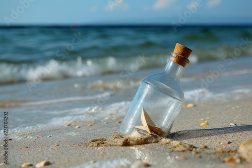 Flaschenpost im Sand am Strand. Angeschwemmter Brief in einer Flasche.