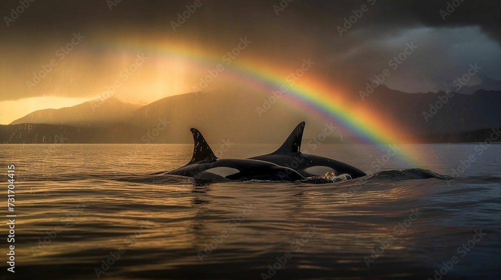 Fototapeta premium AI generated illustration of two whales swimming together in a tranquil blue body of water