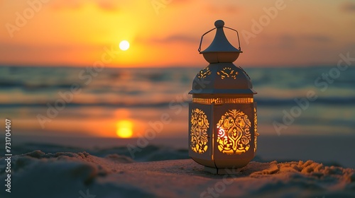 Ramadan Kareem, Arabic lantern with burning candle on sand beach with blurry sunset sky background