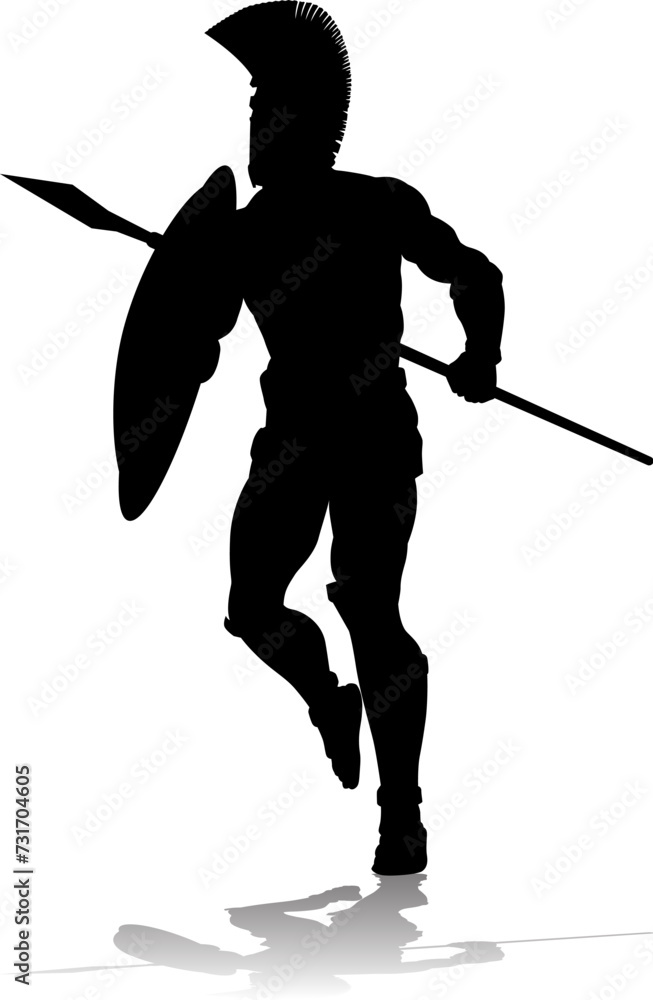 A Spartan or Trojan ancient Greek hoplite warrior silhouette. Could also be a Roman gladiator. A Spartan or Trojan ancient Greek hoplite warrior silhouette. Could also be a Roman gladiator.