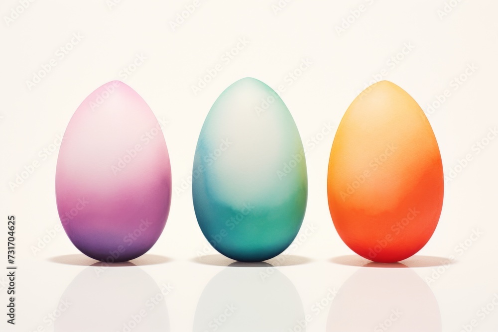 A clean, modern watercolor of an artfully arranged grouping of three minimalistic Easter eggs against a bright and clear backdrop A clean, modern watercolor of an artfully arranged grouping of three minimalistic Easter eggs against a bright and clear backdrop