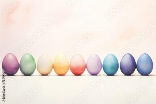 A minimalist watercolor rendering of pastel colored Easter eggs organized in a neat row against a light background 