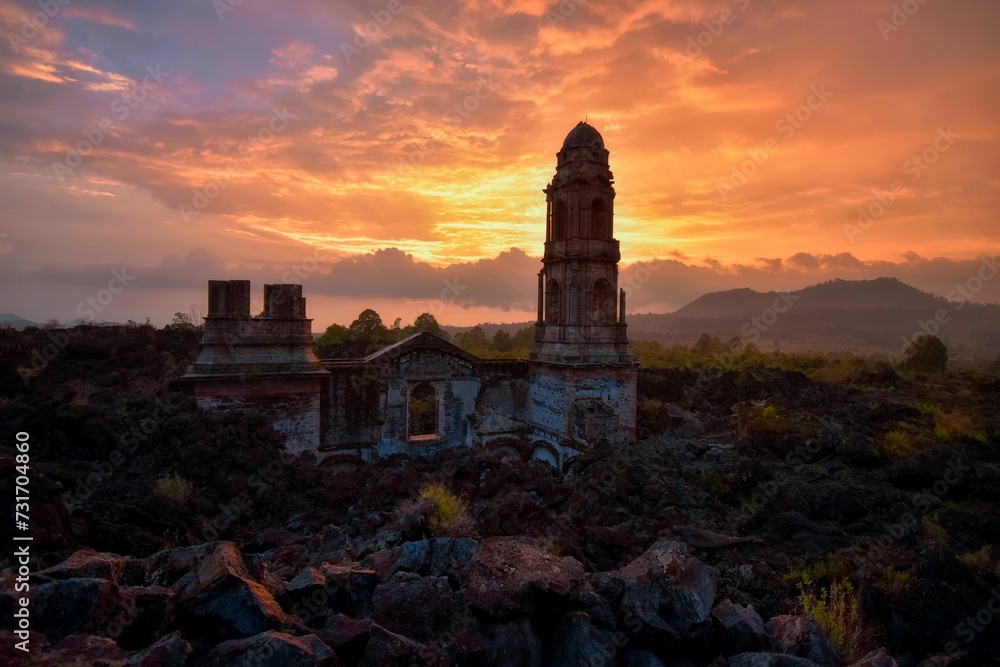 Sunset at the ruins of the temple of San Juan Parangaricutiro