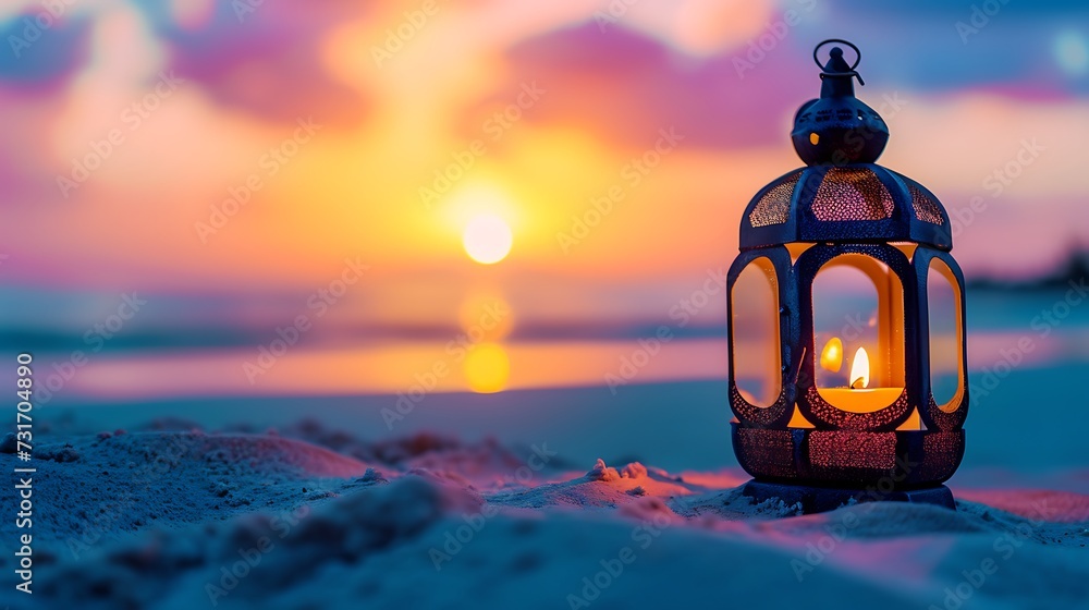 Ramadan Kareem, Arabic lantern with burning candle on sand beach with blurry sunset sky background Ramadan Kareem, Arabic lantern with burning candle on sand beach with blurry sunset sky background