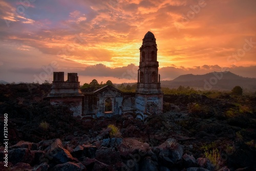 Sunset at the ruins of the temple of San Juan Parangaricutiro