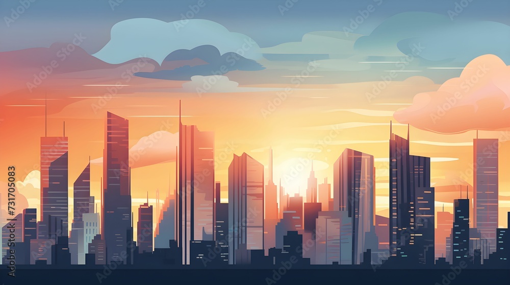 AI generated illustration of a sunset in a metropolitan city, showcasing the tall buildings