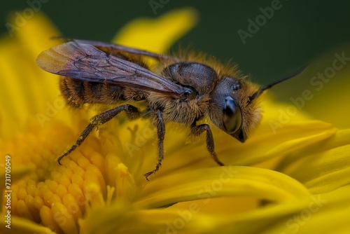 Close-up of an Osmia azteca bee perched atop a vibrant yellow flower in a bright sunlit environment