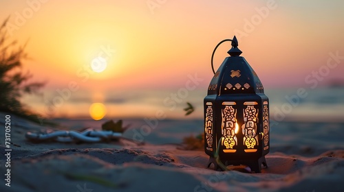 Ramadan Kareem, Arabic lantern with burning candle on sand beach with blurry sunset sky background