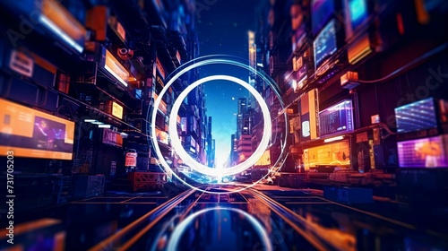 AI generated illustration of a digital loop with a futuristic cityscape and tall buildings at night © Wirestock