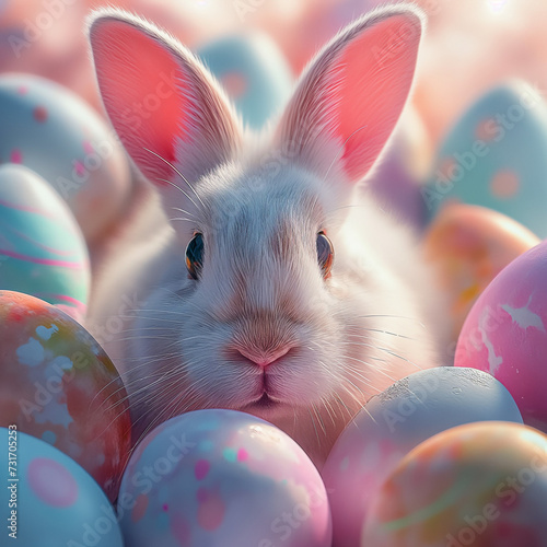 Cute easter bunny and colorful eggs. Easter celebration concept, postcard design for printing, web