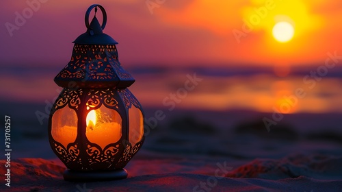 Ramadan Kareem, Arabic lantern with burning candle on sand beach with blurry sunset sky background