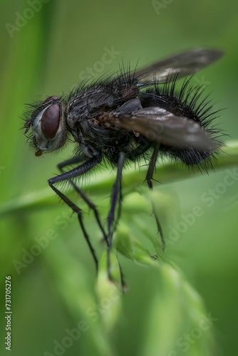 Closeup of a fly perched on a green grass stem, wings extended