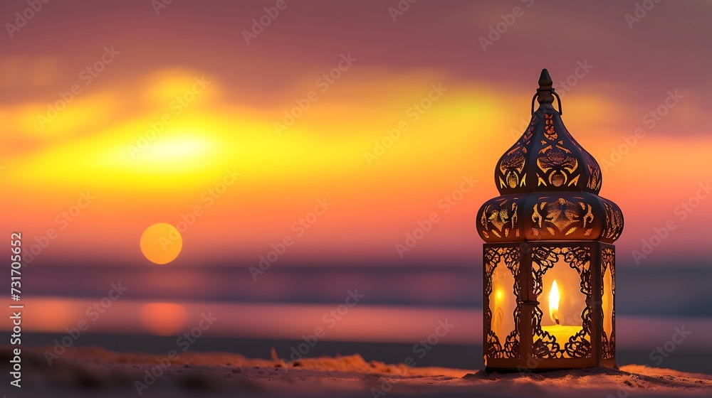 Ramadan Kareem, Arabic lantern with burning candle on sand beach with blurry sunset sky background Ramadan Kareem, Arabic lantern with burning candle on sand beach with blurry sunset sky background