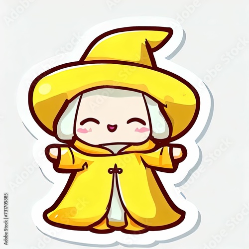 AI generated illustration of a Cartoon-style witch wearing a yellow suit, an art sticker design