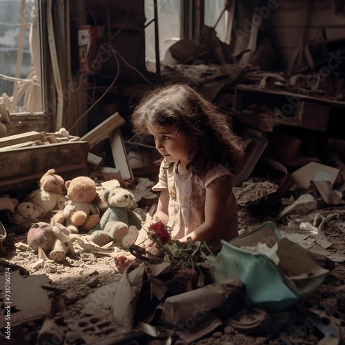 AI generated illustration of a young child sitting in the midst of a destroyed aftermath of a war