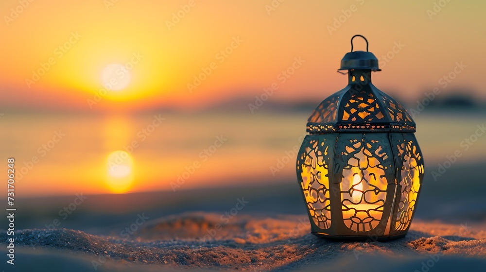 Ramadan Kareem, Arabic lantern with burning candle on sand beach with blurry sunset sky background Ramadan Kareem, Arabic lantern with burning candle on sand beach with blurry sunset sky background