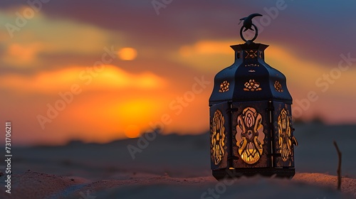 Ramadan Kareem, Arabic lantern with burning candle on sand beach with blurry sunset sky background