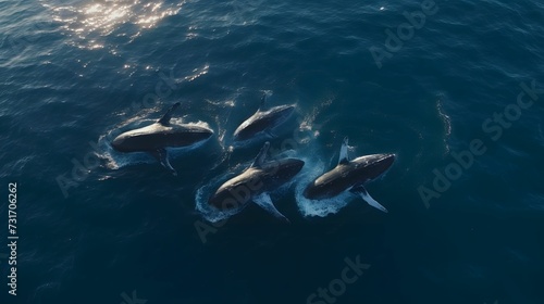 AI generated illustration of an aerial view of humpback whales swimming in blue water