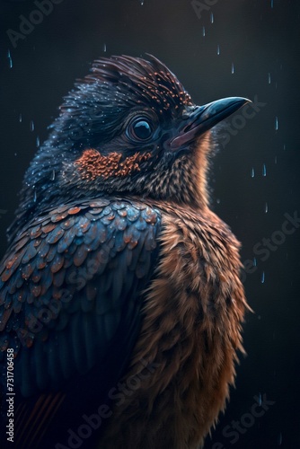 AI generated illustration of a black-feathered bird on a dark background