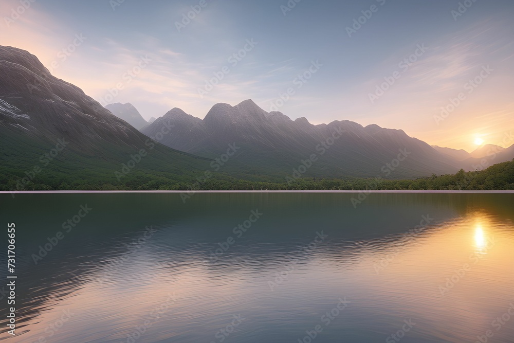 AI generated illustration of a tranquil lake surrounded by green mountains at sunset
