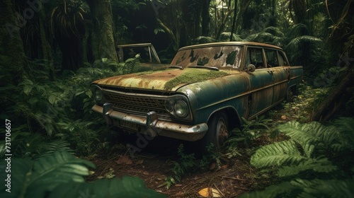 AI generated illustration of an old vintage car covered in moss in a jungle surrounded by trees © Wirestock