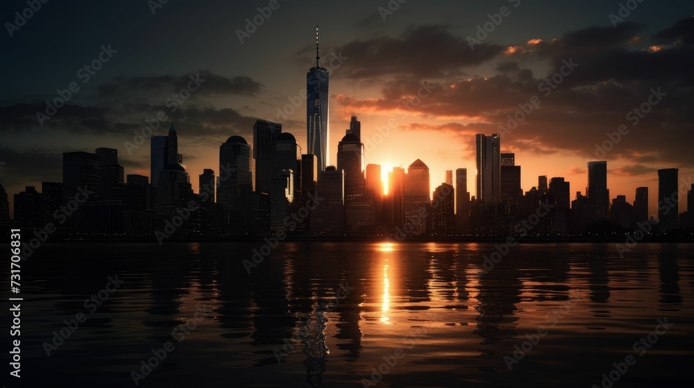 AI-generated illustration of the New York City skyline with cinematic lighting sunset.