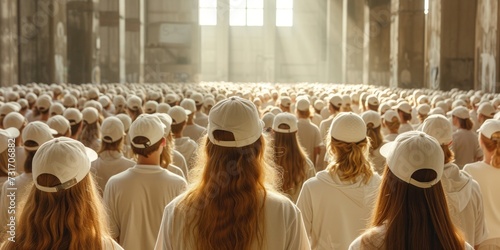 A group of women in identical white uniforms stand with their backs in a large hall.