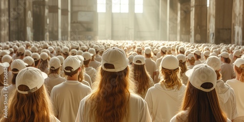 A group of women in identical white uniforms stand with their backs in a large hall. photo