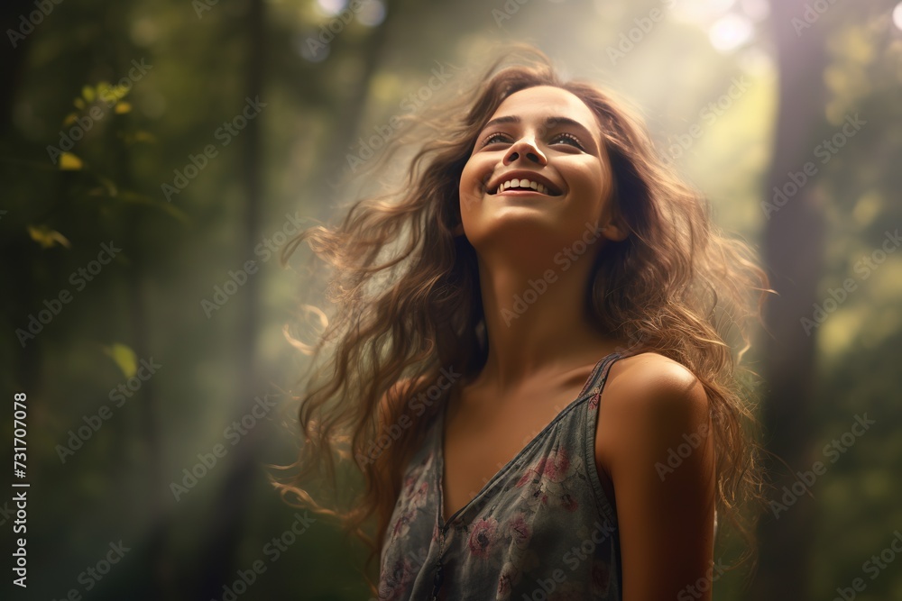A cheerful girl walks in the summer forest in the rays of the morning sun. Portrait of a happy young woman against the background of nature, trees, sky, clouds. A cheerful girl walks in the summer forest in the rays of the morning sun. Portrait of a happy young woman against the background of nature, trees, sky, clouds.
