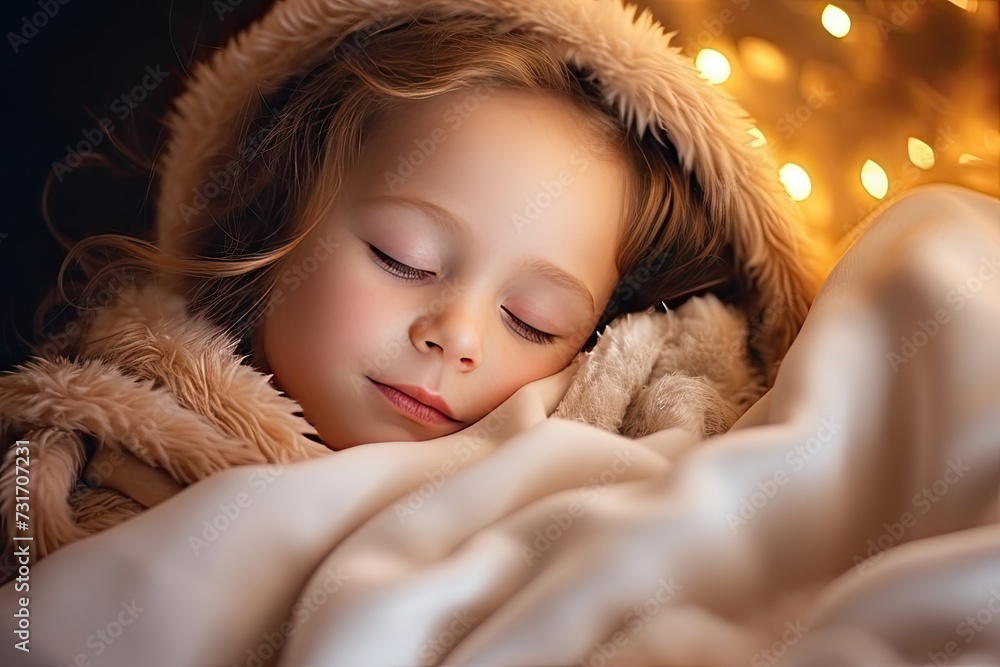 Close-up of a 10-year-old girl child sleeping in bed with a slight smile on her calm face in a cozy dark room illuminated by Christmas lights. Close-up of a 10-year-old girl child sleeping in bed with a slight smile on her calm face in a cozy dark room illuminated by Christmas lights.
