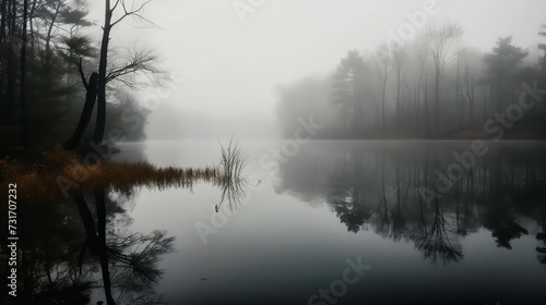 AI generated illustration of a tranquil lake shrouded in thick fog, with trees in the distance