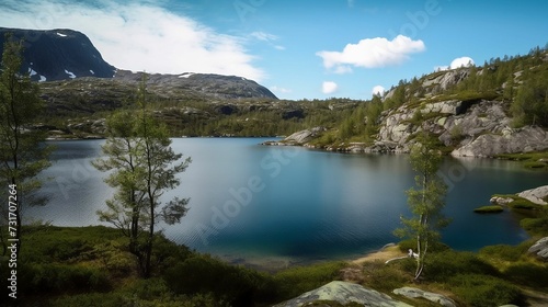 AI generated illustration of a tranquil lake shrouded in thick fog, with trees in the distance