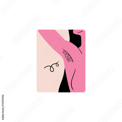 Sticker for International Women's Day. Stylish and vector illustration dedicated to feminism – a girl shows a hairy armpit. Badge for women's rights and equality.