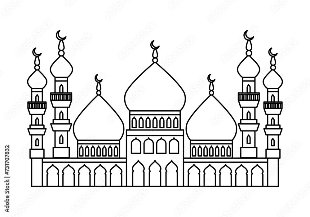 Dibujo de una mezquita hecho con trazo negro.