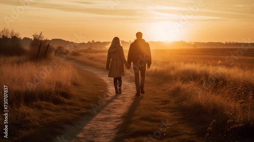 AI generated illustration of a couple enjoying an evening stroll together silhouetted against sunset photo
