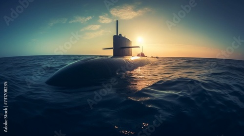 AI generated illustration of a gray submarine against the horizon of a deep blue ocean as sun sets photo