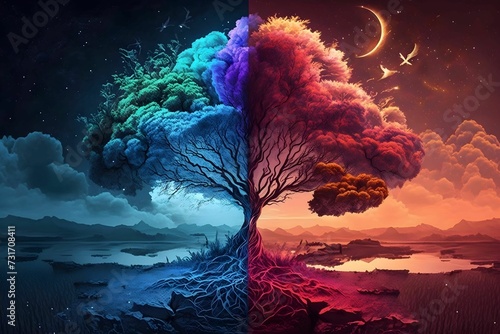 AI generated illustration of a vibrant tree divided into two halves illuminated by moon photo