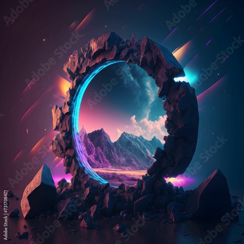 AI generated illustration of a circular composition of a starry eclipse against majestic mountains