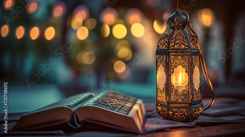Ramadan Kareem decorations, Traditional Lantern with Quran, Ramadan Greeting Background