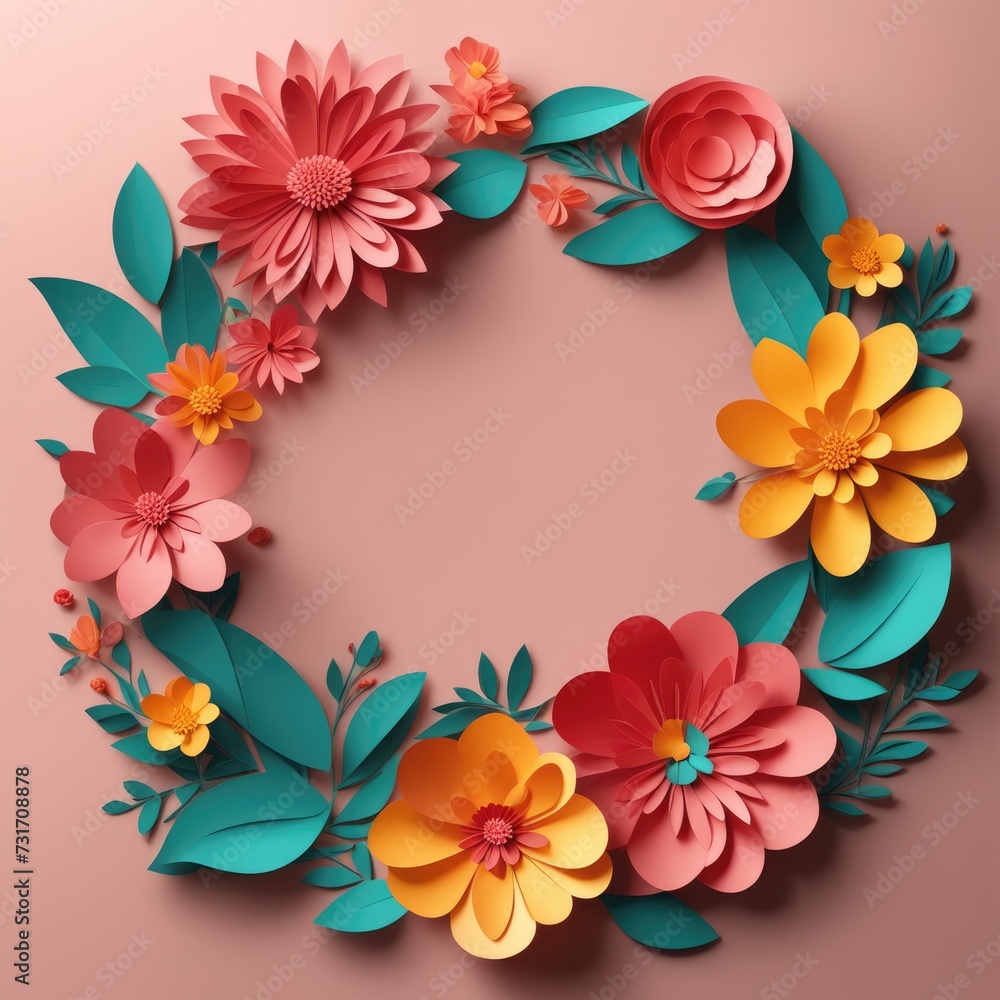 A wreath of colorful paper cutout flowers with lush green leaves, arranged in a circular pattern