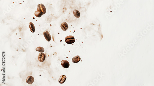 Roasted coffee beans floating on white background with white smoke. Coffee shop concept. Generative AI