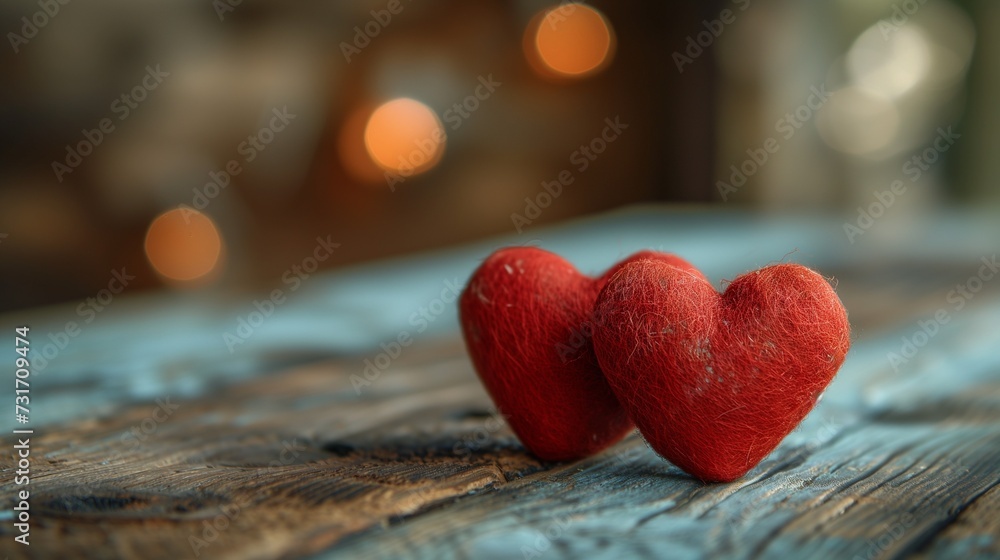 Fototapeta premium AI generated illustration of Two miniature crimson hearts placed delicately on a table