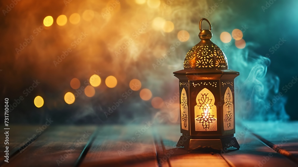 Ramadan Kareem greeting card design. Arabic Lantern glowing at night on table with smoke. Ramadan Kareem greeting card design. Arabic Lantern glowing at night on table with smoke.