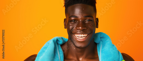 A radiant young man with a bright smile, wrapped in a blue towel, stands against an orange background.