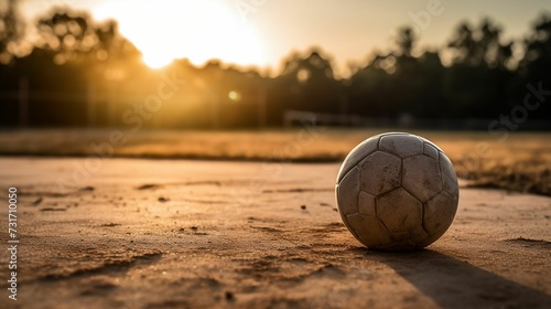 AI-generated illustration of a white soccer ball abandoned in the middle of a barren dirt lot.
