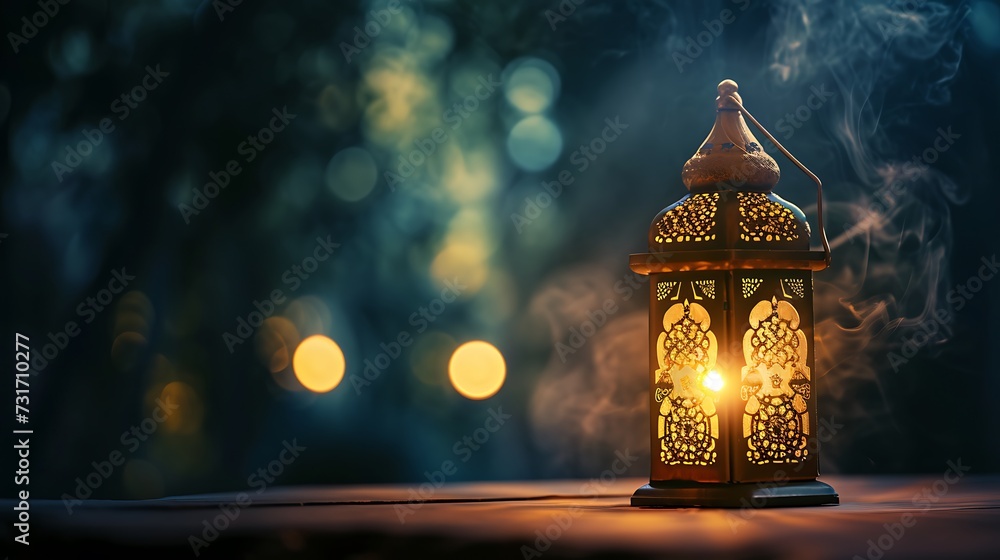 Ramadan Kareem greeting card design. Arabic Lantern glowing at night on table with smoke. Ramadan Kareem greeting card design. Arabic Lantern glowing at night on table with smoke.