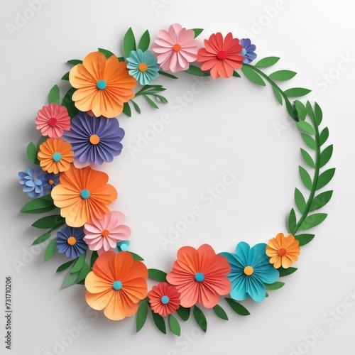 A wreath of colorful paper cutout flowers with lush green leaves, arranged in a circular pattern